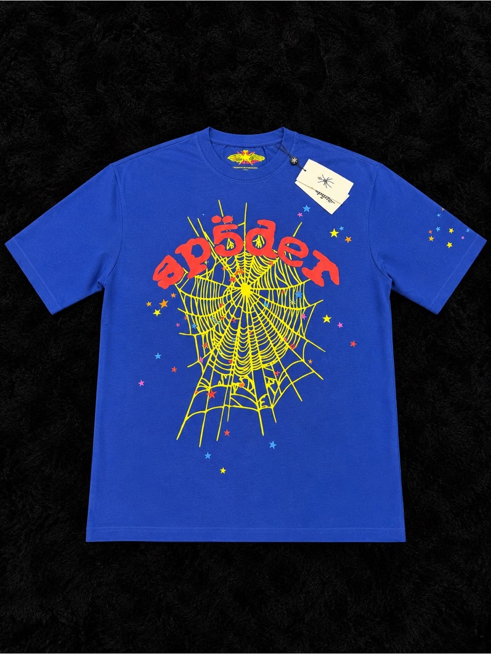 Blue Graphic Spiderweb Tee with Red Logo - men
